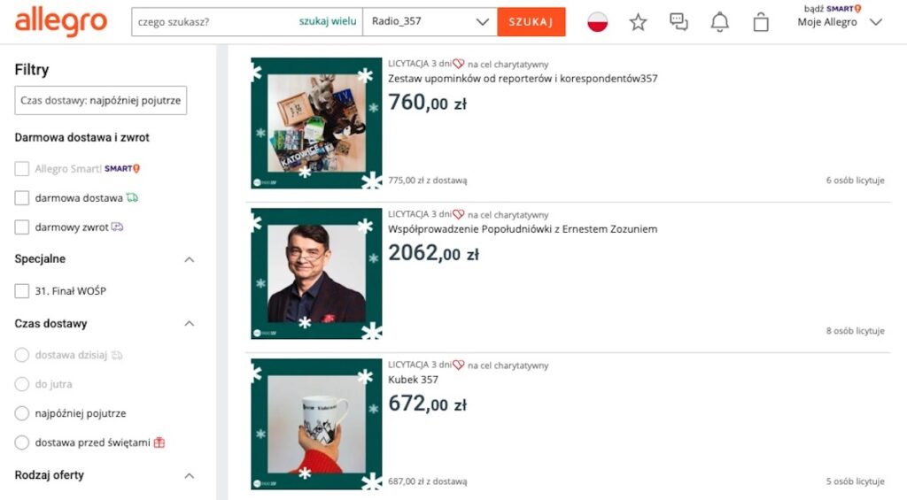 Radio 357 Allegro Charytatywni licytacje dla Fundacji Świętego Mikołaja