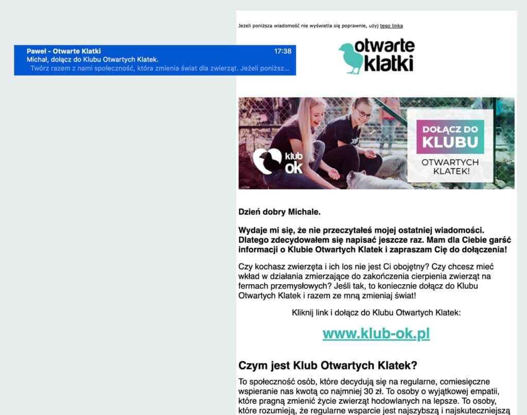 E-mail z prośbą o systematyczne wsparcie od Stowarzyszenia Otwarte Klatki