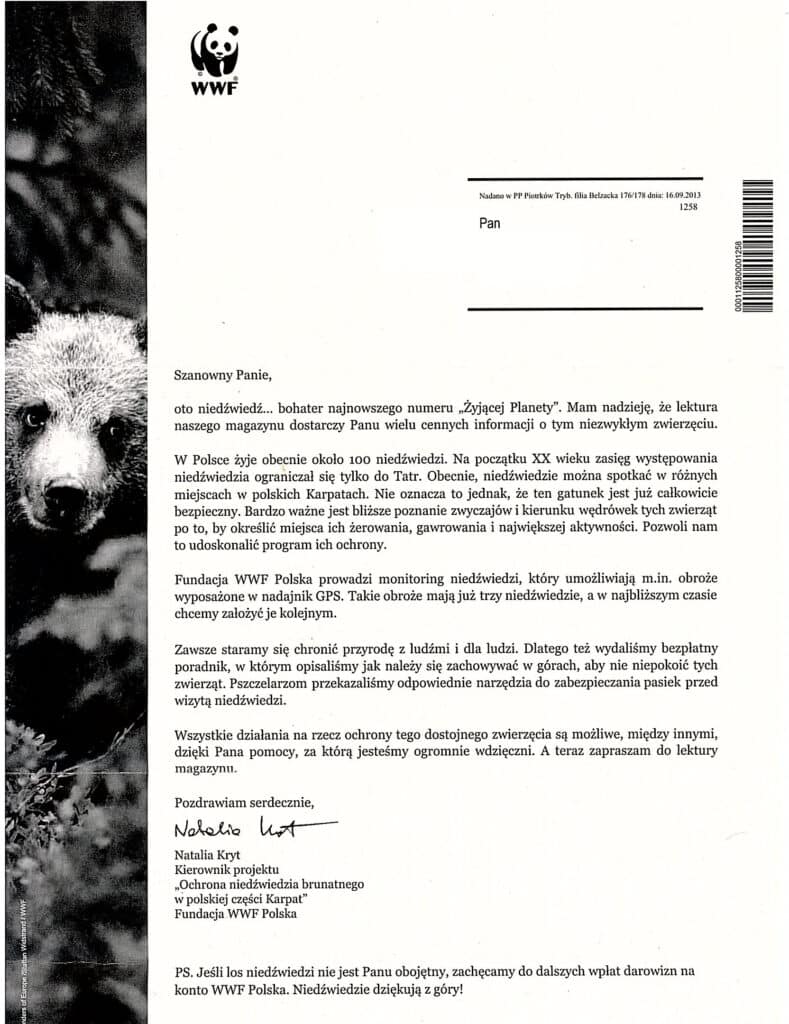 List z podziękowaniem za darowiznę od Fundacji WWF